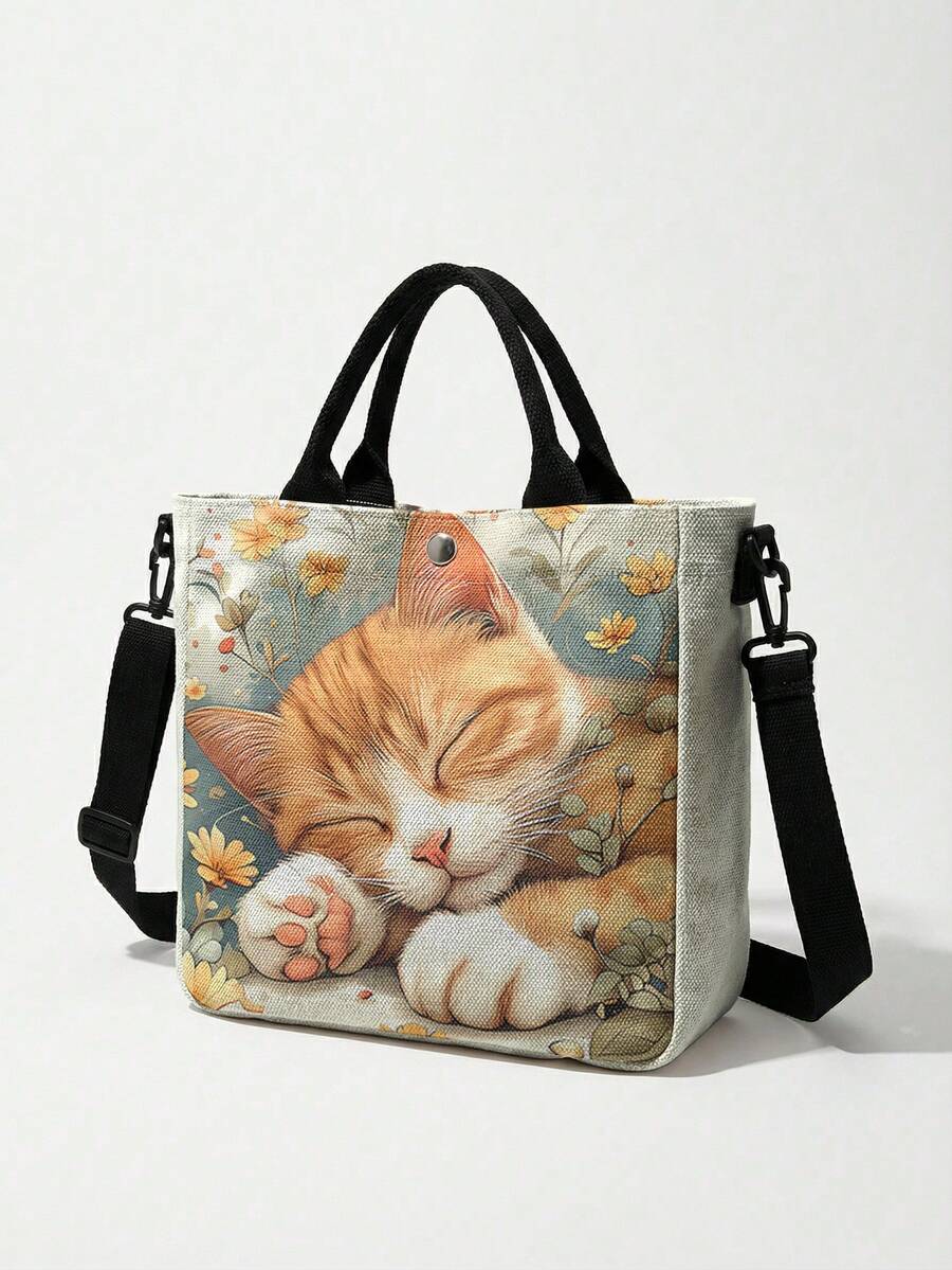 1pc Random Patterns Canvas Tote Set,2-In-1 Bag With Detachable Strap,Main Bag+Mini Pouch,3 Carry Ways,Large Capacity For Student Work Travel Daily Use