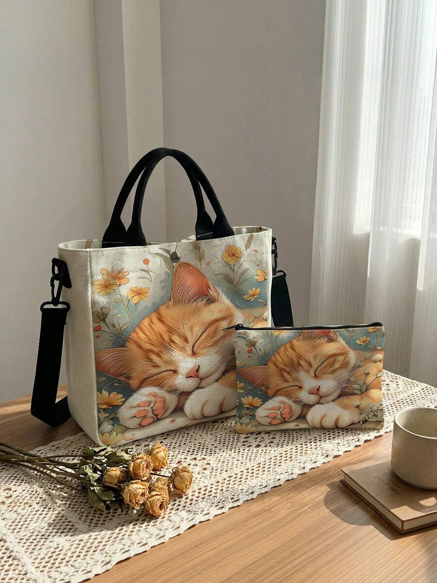 1pc Random Patterns Canvas Tote Set,2-In-1 Bag With Detachable Strap,Main Bag+Mini Pouch,3 Carry Ways,Large Capacity For Student Work Travel Daily Use