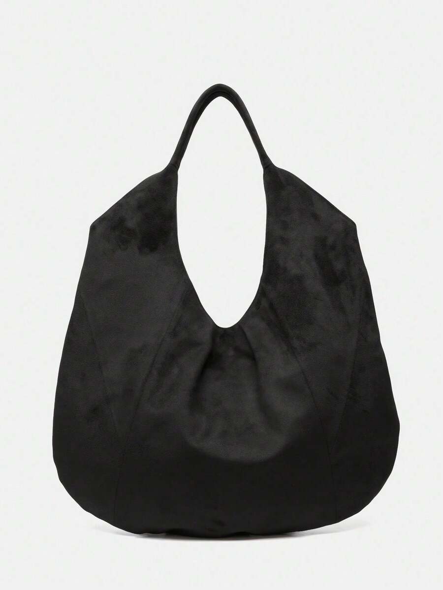 Women's Handbag, Black, Vintage Large Capacity Tote Bag, Suede Handbag, Solid Color Patchwork Design, Western Style, Large Capacity Lightweight Handbag, Women's Shoulder Bag, Commuter Bag, PU Leather