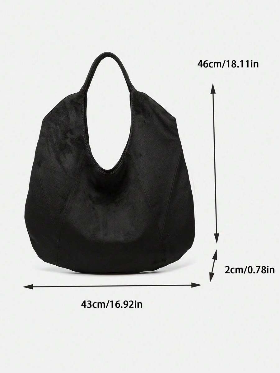 Women's Handbag, Black, Vintage Large Capacity Tote Bag, Suede Handbag, Solid Color Patchwork Design, Western Style, Large Capacity Lightweight Handbag, Women's Shoulder Bag, Commuter Bag, PU Leather