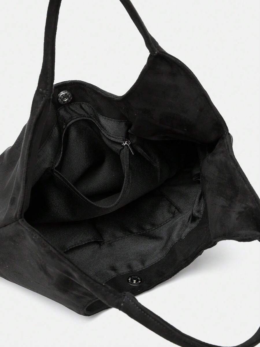 Women's Handbag, Black, Vintage Large Capacity Tote Bag, Suede Handbag, Solid Color Patchwork Design, Western Style, Large Capacity Lightweight Handbag, Women's Shoulder Bag, Commuter Bag, PU Leather