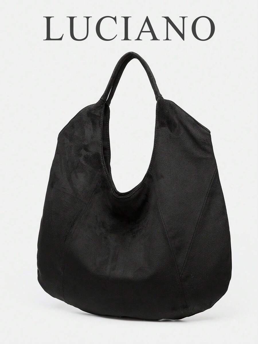 Women's Handbag, Black, Vintage Large Capacity Tote Bag, Suede Handbag, Solid Color Patchwork Design, Western Style, Large Capacity Lightweight Handbag, Women's Shoulder Bag, Commuter Bag, PU Leather