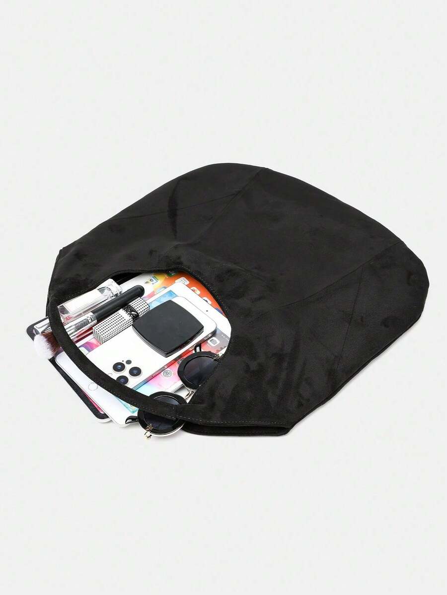 Women's Handbag, Black, Vintage Large Capacity Tote Bag, Suede Handbag, Solid Color Patchwork Design, Western Style, Large Capacity Lightweight Handbag, Women's Shoulder Bag, Commuter Bag, PU Leather