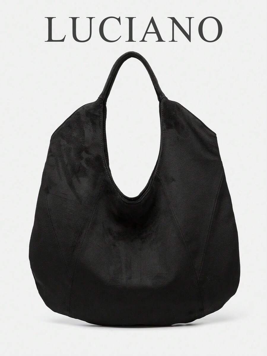 Women's Handbag, Black, Vintage Large Capacity Tote Bag, Suede Handbag, Solid Color Patchwork Design, Western Style, Large Capacity Lightweight Handbag, Women's Shoulder Bag, Commuter Bag, PU Leather