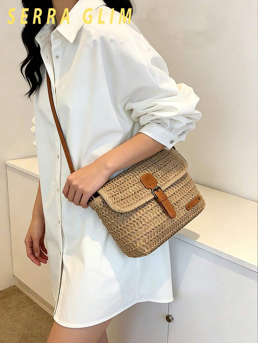 Retro-Chic Beach Tote Bag Beach Vacation Straw Crossbody Bag Summer Casual Messenger Bag Vintage Handbag Woven Bag-Perfect For Beach Trips Vacations