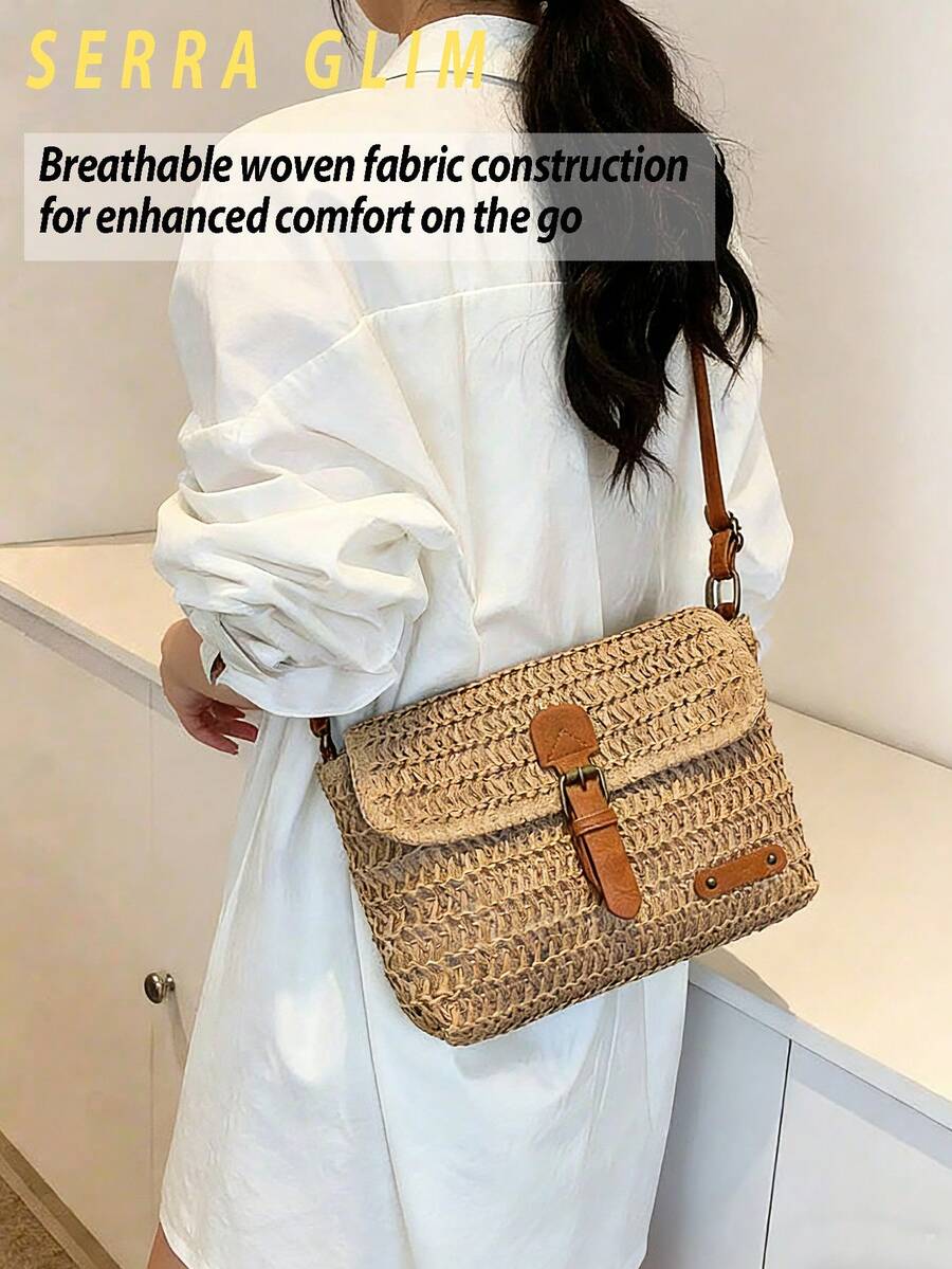 Retro-Chic Beach Tote Bag Beach Vacation Straw Crossbody Bag Summer Casual Messenger Bag Vintage Handbag Woven Bag-Perfect For Beach Trips Vacations