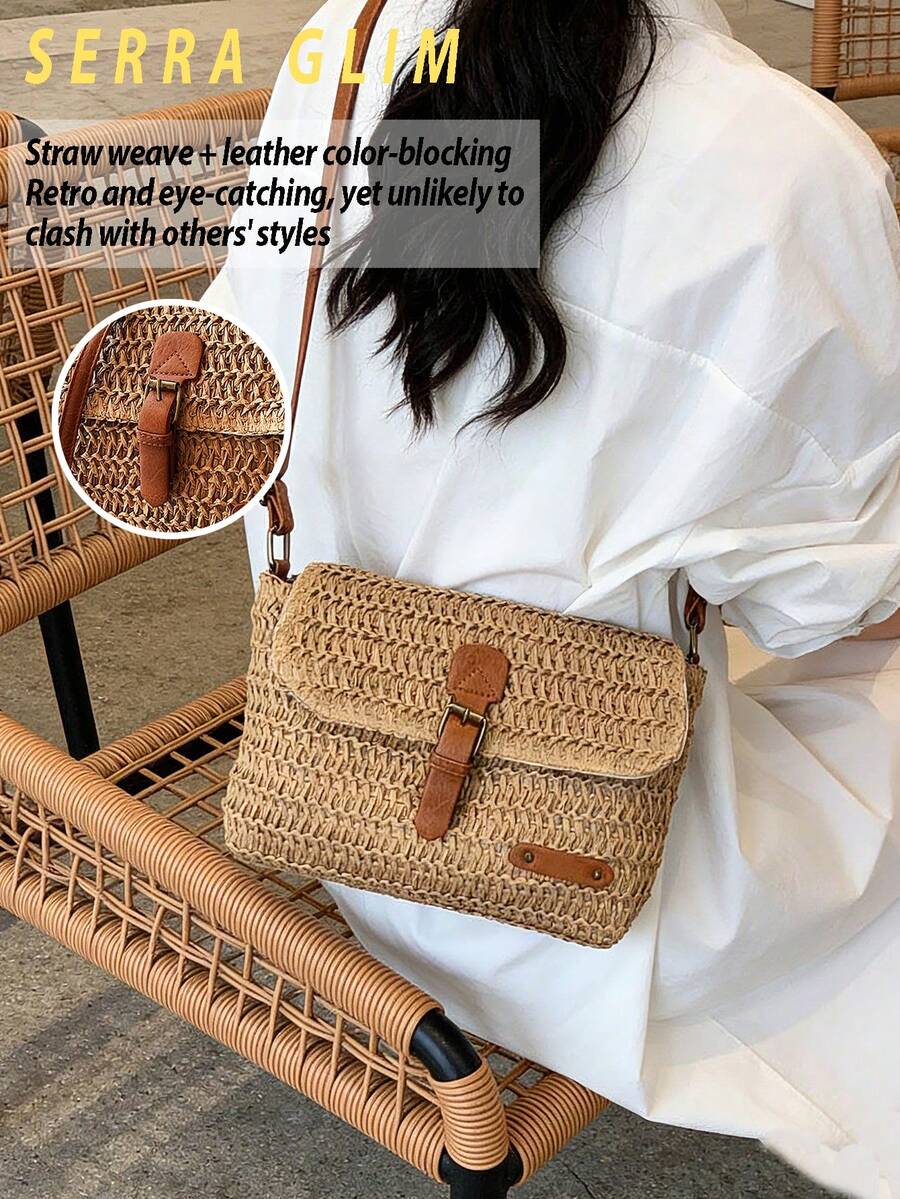 Retro-Chic Beach Tote Bag Beach Vacation Straw Crossbody Bag Summer Casual Messenger Bag Vintage Handbag Woven Bag-Perfect For Beach Trips Vacations
