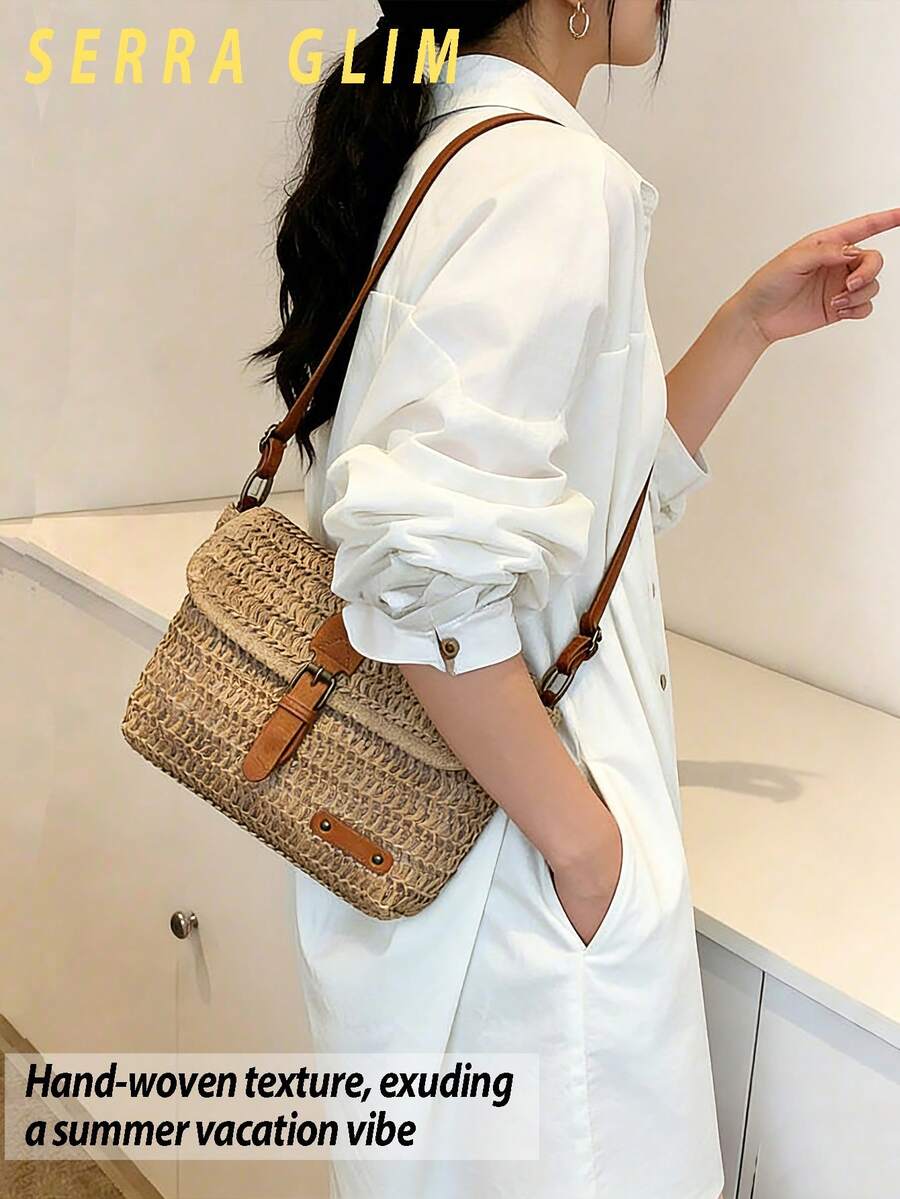 Retro-Chic Beach Tote Bag Beach Vacation Straw Crossbody Bag Summer Casual Messenger Bag Vintage Handbag Woven Bag-Perfect For Beach Trips Vacations