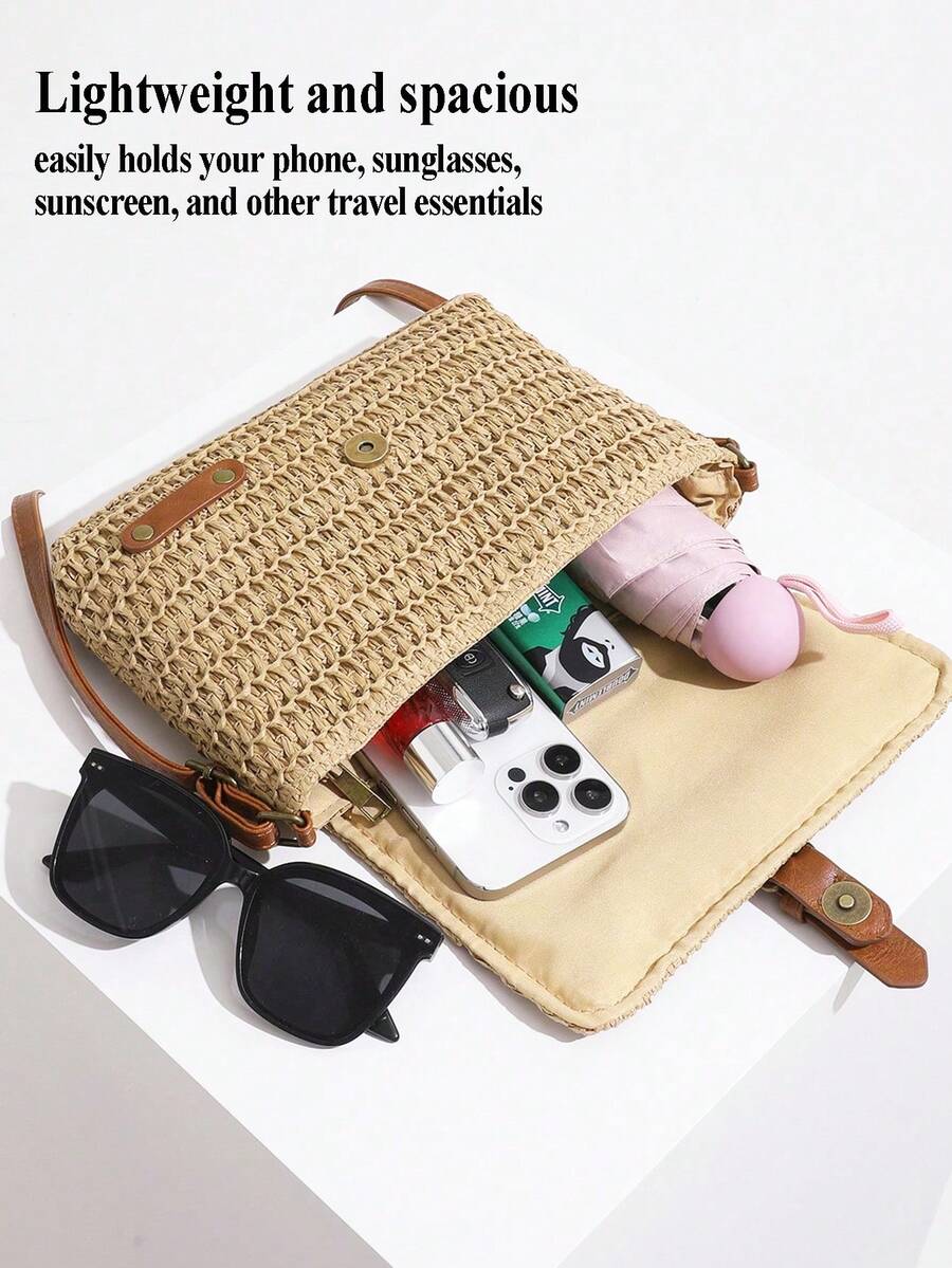 Retro-Chic Beach Tote Bag Beach Vacation Straw Crossbody Bag Summer Casual Messenger Bag Vintage Handbag Woven Bag-Perfect For Beach Trips Vacations