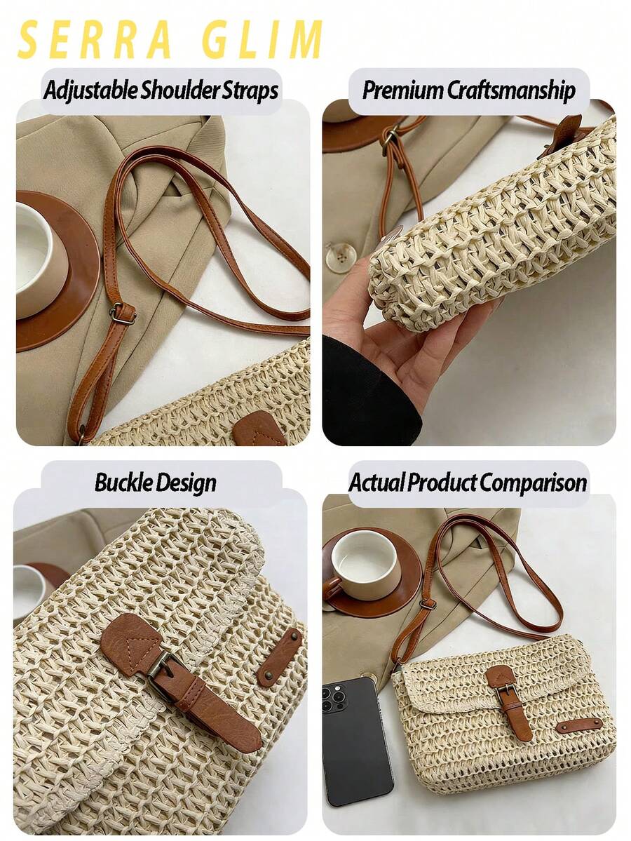 Retro-Chic Beach Tote Bag Beach Vacation Straw Crossbody Bag Summer Casual Messenger Bag Vintage Handbag Woven Bag-Perfect For Beach Trips Vacations