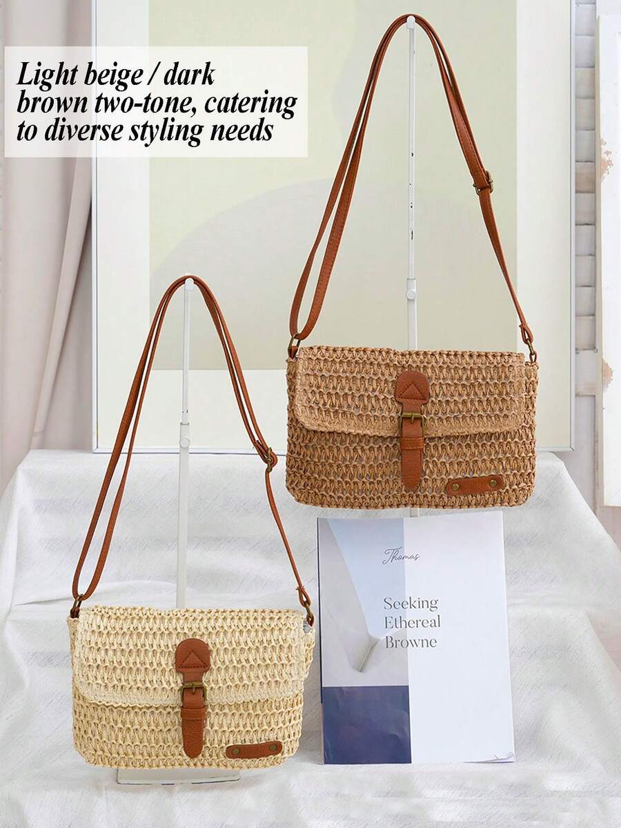 Retro-Chic Beach Tote Bag Beach Vacation Straw Crossbody Bag Summer Casual Messenger Bag Vintage Handbag Woven Bag-Perfect For Beach Trips Vacations