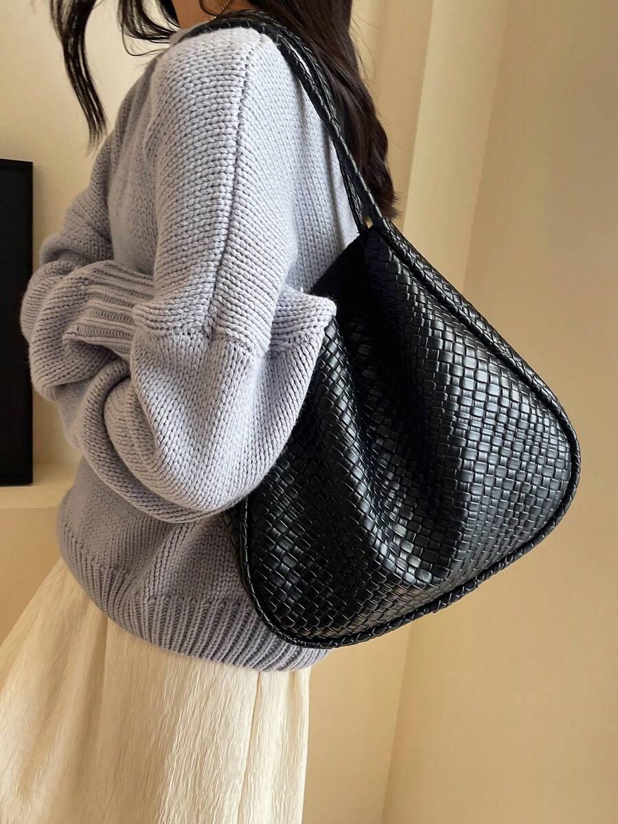 Fashionable Women's Large Capacity Woven Casual Minimalist Solid Color Faux Leather Handbag/Shoulder Bag, Suitable For Commuting, Shopping, Dating