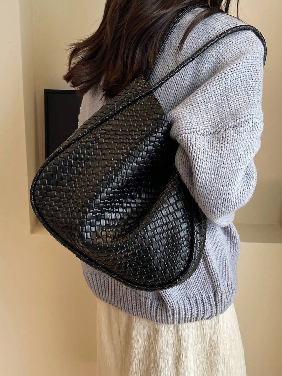 Fashionable Women's Large Capacity Woven Casual Minimalist Solid Color Faux Leather Handbag/Shoulder Bag, Suitable For Commuting, Shopping, Dating