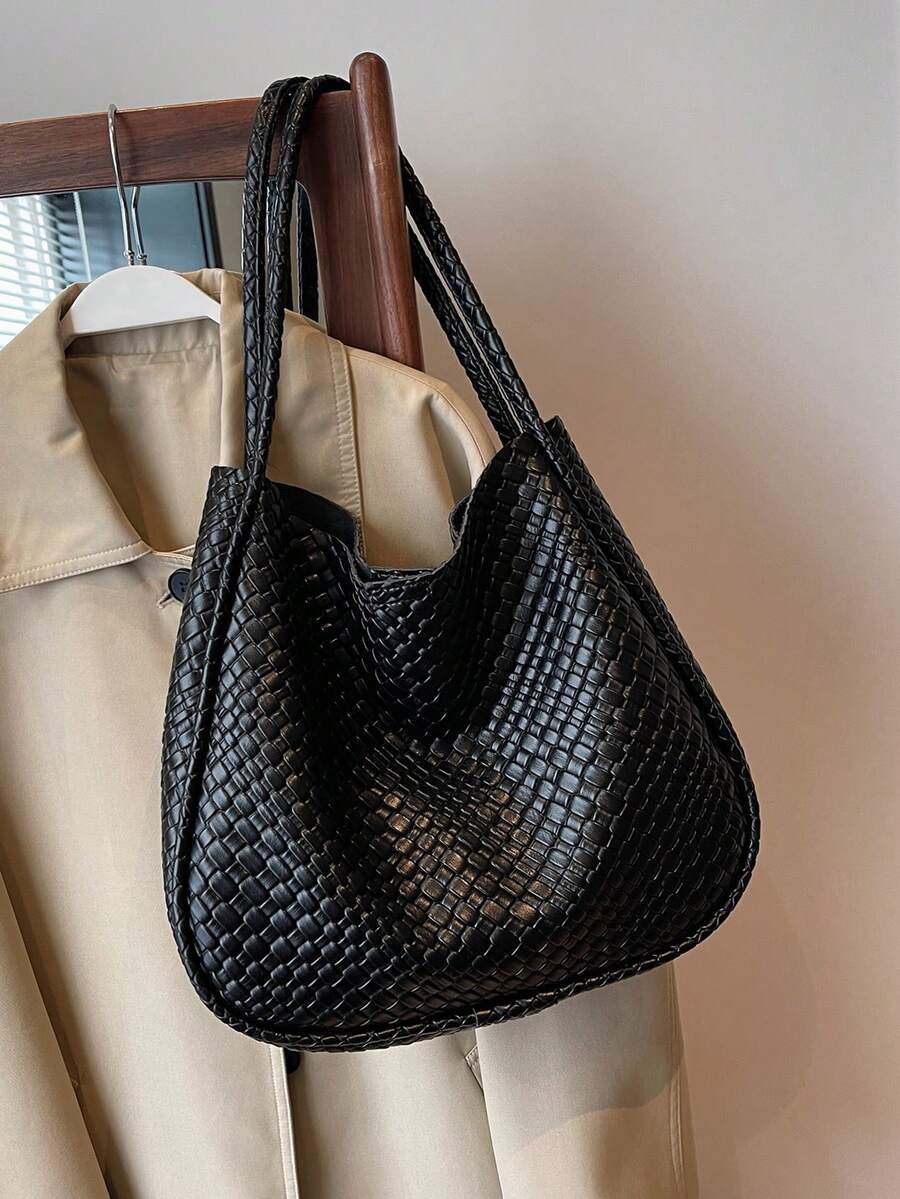 Fashionable Women's Large Capacity Woven Casual Minimalist Solid Color Faux Leather Handbag/Shoulder Bag, Suitable For Commuting, Shopping, Dating