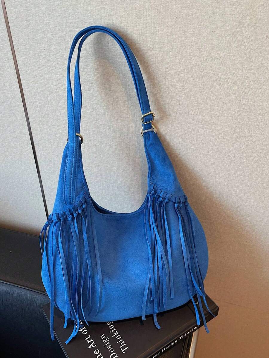 Vintage Matte Suede Tassel Crescent Bag Women Large Capacity Crossbody Tote Bag Fashion Commute Shoulder Bag