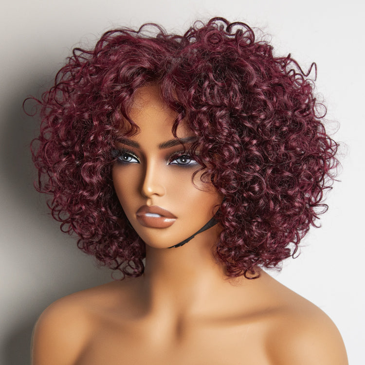 Trendy Burgundy Curly Bob Glueless Minimalist HD Lace T Part 99J Hair Color Wig 100% Human Hair  - US Only
