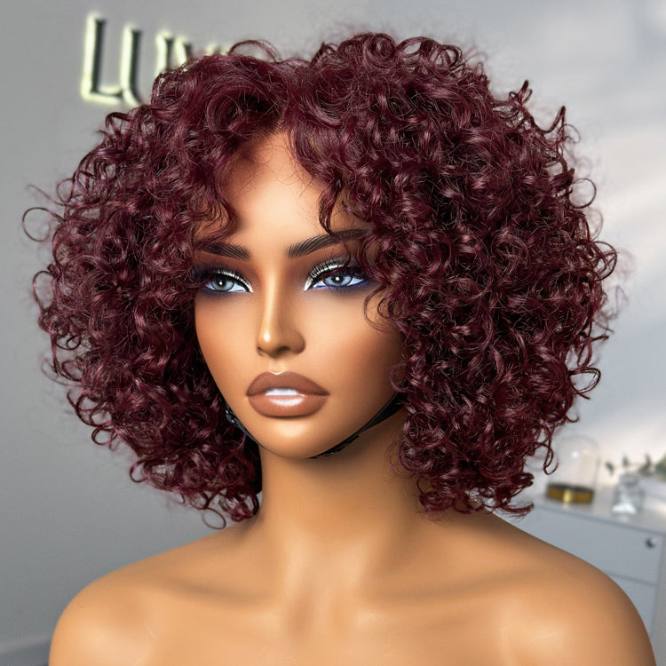 Trendy Burgundy Curly Bob Glueless Minimalist Lace T Part Wig 100% Human Hair - 99J™