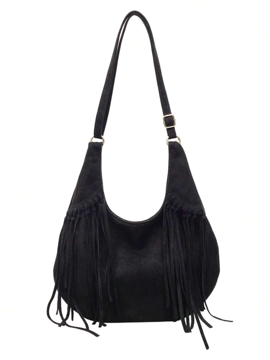 Vintage Matte Suede Tassel Crescent Bag Women Large Capacity Crossbody Tote Bag Fashion Commute Shoulder Bag
