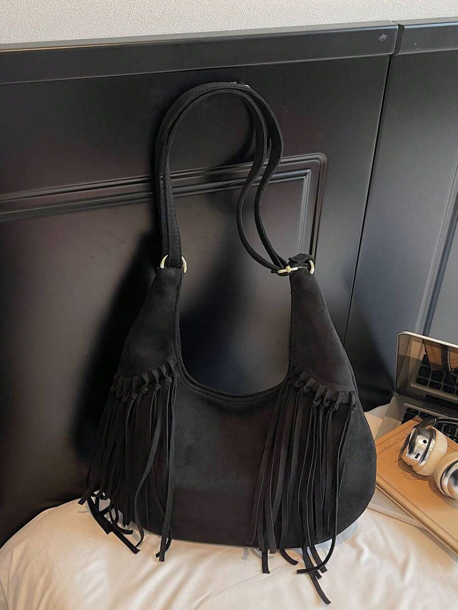 Vintage Matte Suede Tassel Crescent Bag Women Large Capacity Crossbody Tote Bag Fashion Commute Shoulder Bag