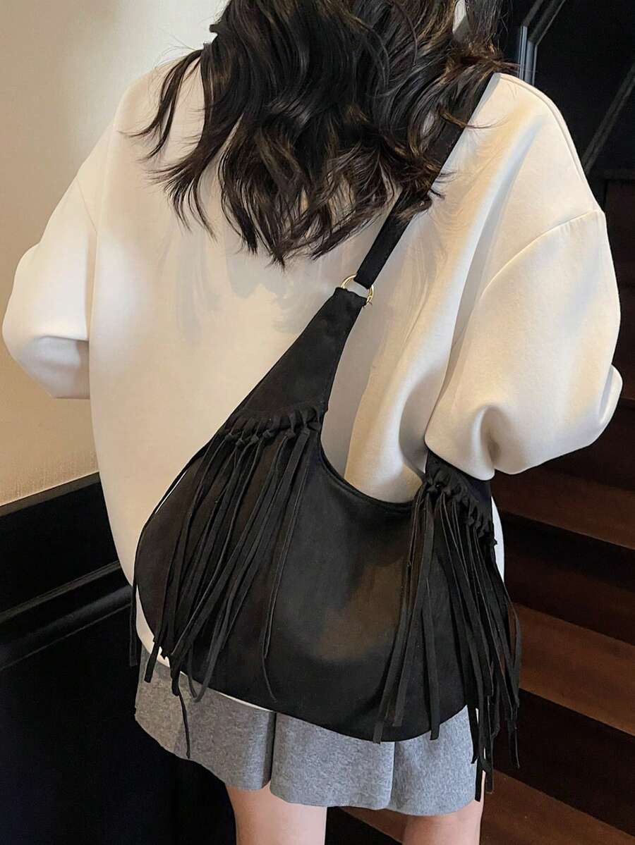 Vintage Matte Suede Tassel Crescent Bag Women Large Capacity Crossbody Tote Bag Fashion Commute Shoulder Bag