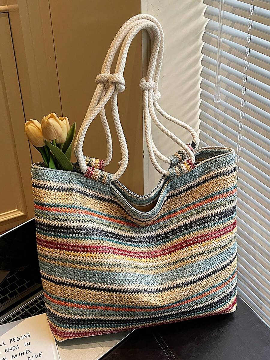 1pc Colorful Large Capacity Women's Tote Bag, Shoulder Bag, Beach Bag, Rainbow Bag, Suitable For Outings, Travel, Shopping, Vacation, Can Fit Laptop, Textbooks, Clothes