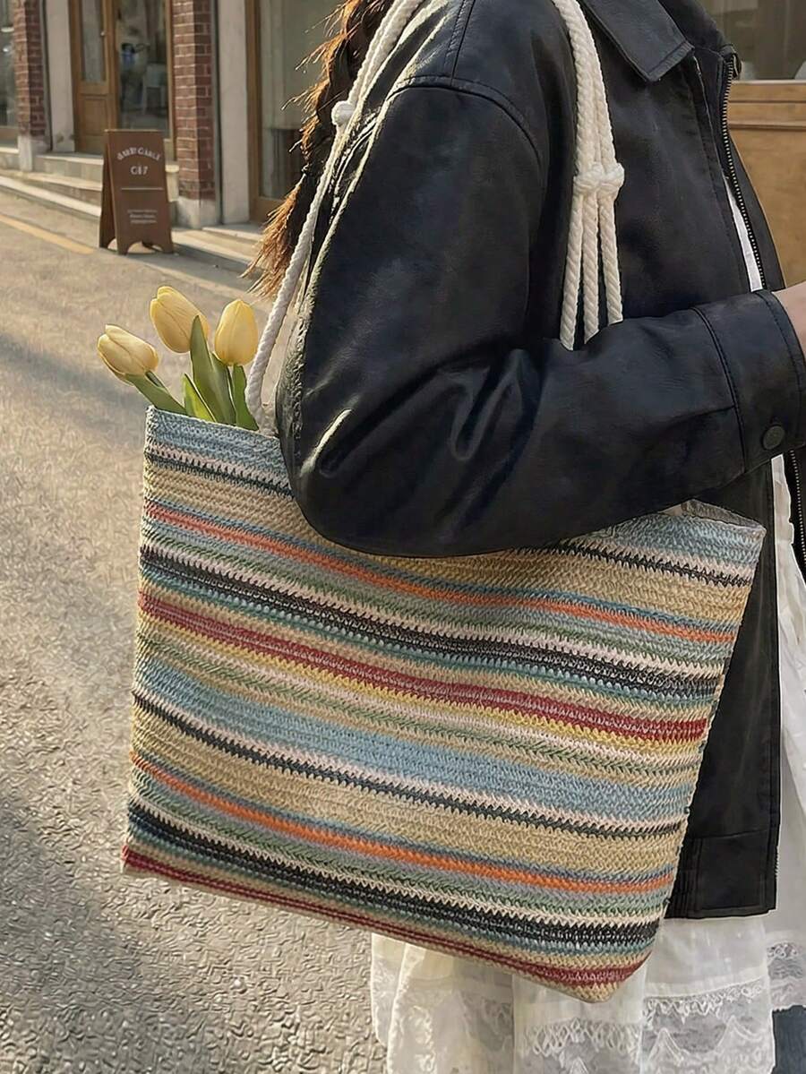 1pc Colorful Large Capacity Women's Tote Bag, Shoulder Bag, Beach Bag, Rainbow Bag, Suitable For Outings, Travel, Shopping, Vacation, Can Fit Laptop, Textbooks, Clothes