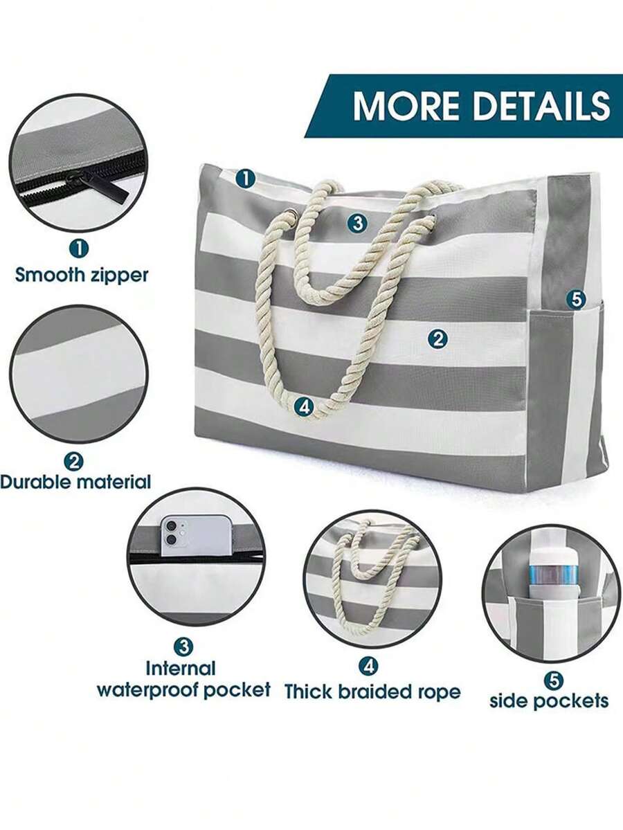 Beach Bags For Women Large Waterproof Beach Tote Bag Canvas Shoulder Bag Swim Pool Bag Casual Stripe Design Tote Bag Travel Essential Vacation