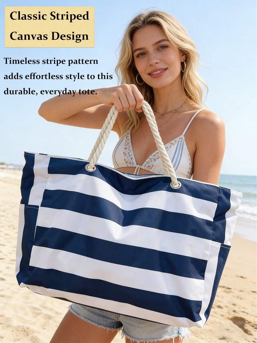 Beach Bags For Women Large Waterproof Beach Tote Bag Canvas Shoulder Bag Swim Pool Bag Casual Stripe Design Tote Bag Travel Essential Vacation