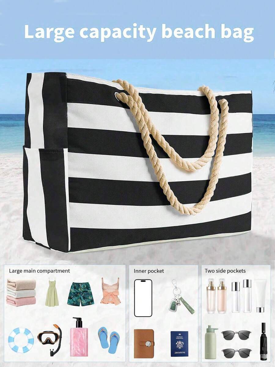 Beach Bags For Women Large Waterproof Beach Tote Bag Canvas Shoulder Bag Swim Pool Bag Casual Stripe Design Tote Bag Travel Essential Vacation