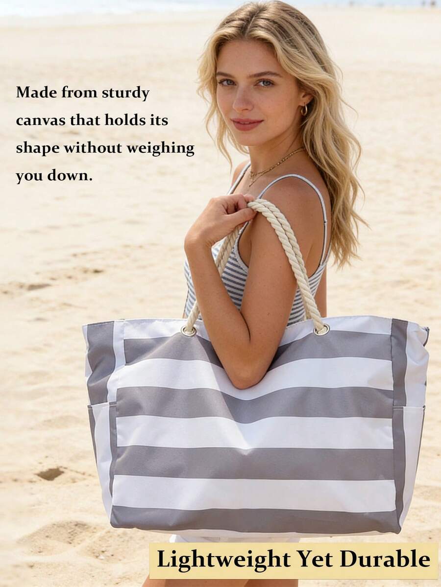 Beach Bags For Women Large Waterproof Beach Tote Bag Canvas Shoulder Bag Swim Pool Bag Casual Stripe Design Tote Bag Travel Essential Vacation