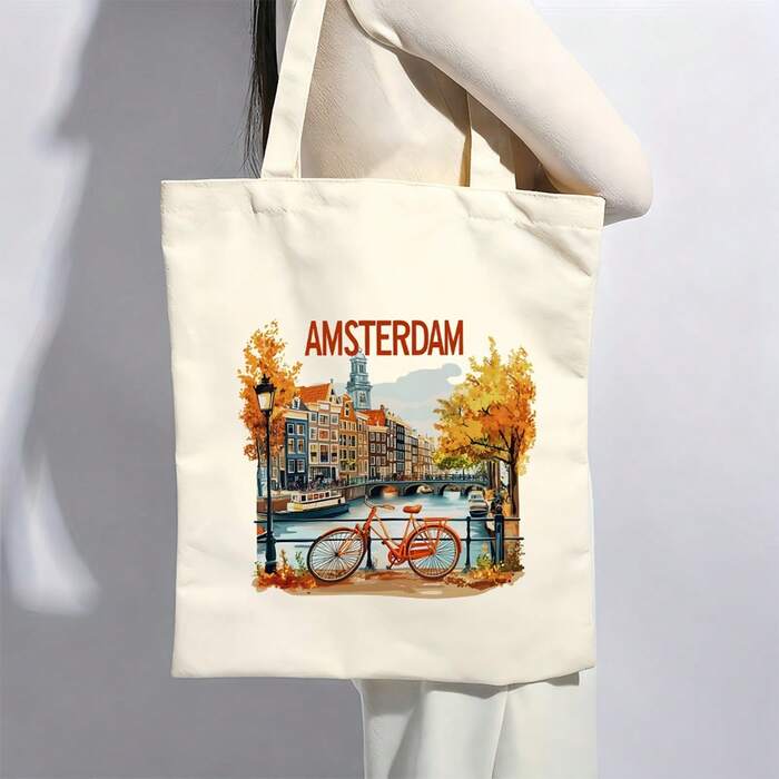 1pc Women's Amsterdam Netherlands Themed Tote Bag- Large Capacity Durable Canvas