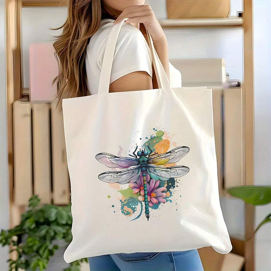 Women's Large Capacity Canvas Tote Bag- Heavy-Duty Reusable Grocery & Shopping Bag With Dragonfly & Watercolor Print (Turquoise/Pink/Orange), Durable White Canvas-Like Texture, 15.7x13.7 Inch For Bea