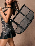 ROMWE Grunge Punk 2024 New Beach Mesh Bag Transparent Handbag Digging Sand Bag For Seaside Vacation, Mesh Tote Bag School Tote Bag, School Bookbag, Portable, Foldable, Business Casual, Suitable For Te