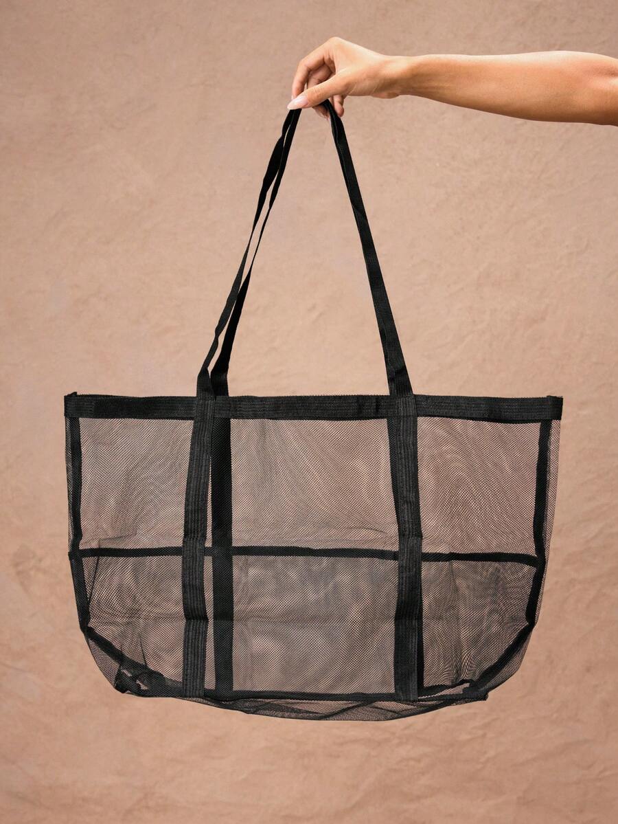 ROMWE Grunge Punk 2024 New Beach Mesh Bag Transparent Handbag Digging Sand Bag For Seaside Vacation, Mesh Tote Bag School Tote Bag, School Bookbag, Portable, Foldable, Business Casual, Suitable For Te