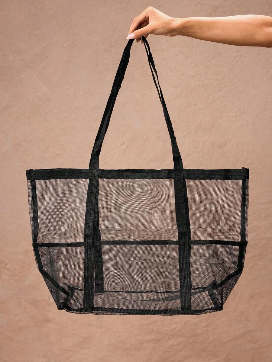ROMWE Grunge Punk 2024 New Beach Mesh Bag Transparent Handbag Digging Sand Bag For Seaside Vacation, Mesh Tote Bag School Tote Bag, School Bookbag, Portable, Foldable, Business Casual, Suitable For Te