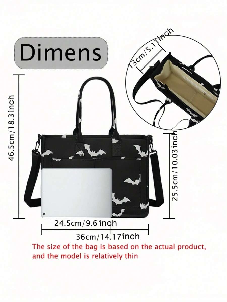 Black Goth Y2K Bat-Printed Tote Bag, Large Punk Women's Handbag, Unique Satchel Shoulder Bag, Multi-Pocket Design, Sturdy, Cool Girls' Fashion Accessory & Gift