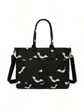 Black Goth Y2K Bat-Printed Tote Bag, Large Punk Women's Handbag, Unique Satchel Shoulder Bag, Multi-Pocket Design, Sturdy, Cool Girls' Fashion Accessory & Gift