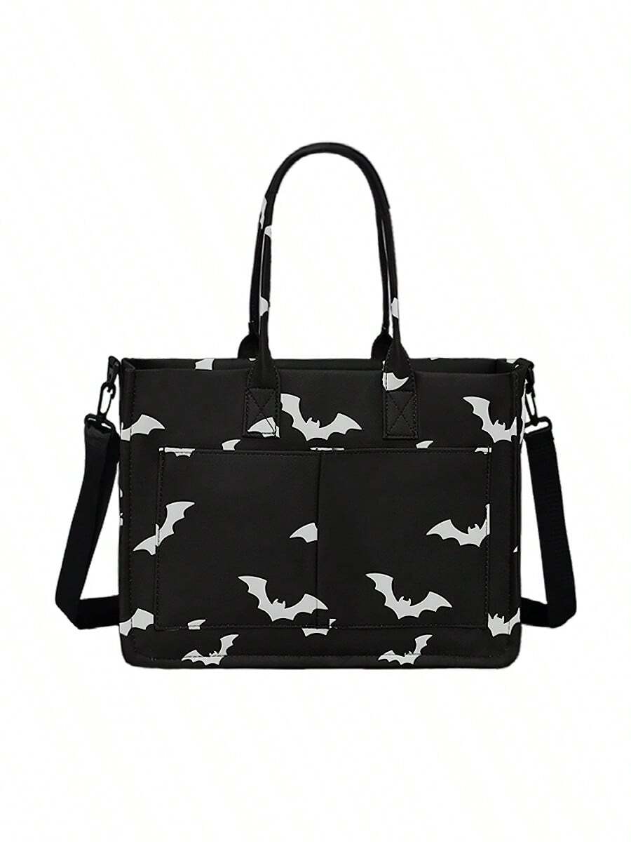 Black Goth Y2K Bat-Printed Tote Bag, Large Punk Women's Handbag, Unique Satchel Shoulder Bag, Multi-Pocket Design, Sturdy, Cool Girls' Fashion Accessory & Gift