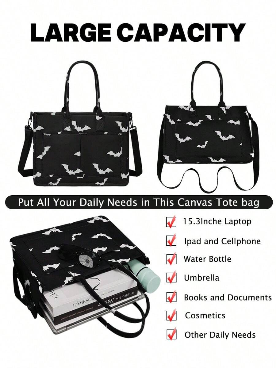 Black Goth Y2K Bat-Printed Tote Bag, Large Punk Women's Handbag, Unique Satchel Shoulder Bag, Multi-Pocket Design, Sturdy, Cool Girls' Fashion Accessory & Gift