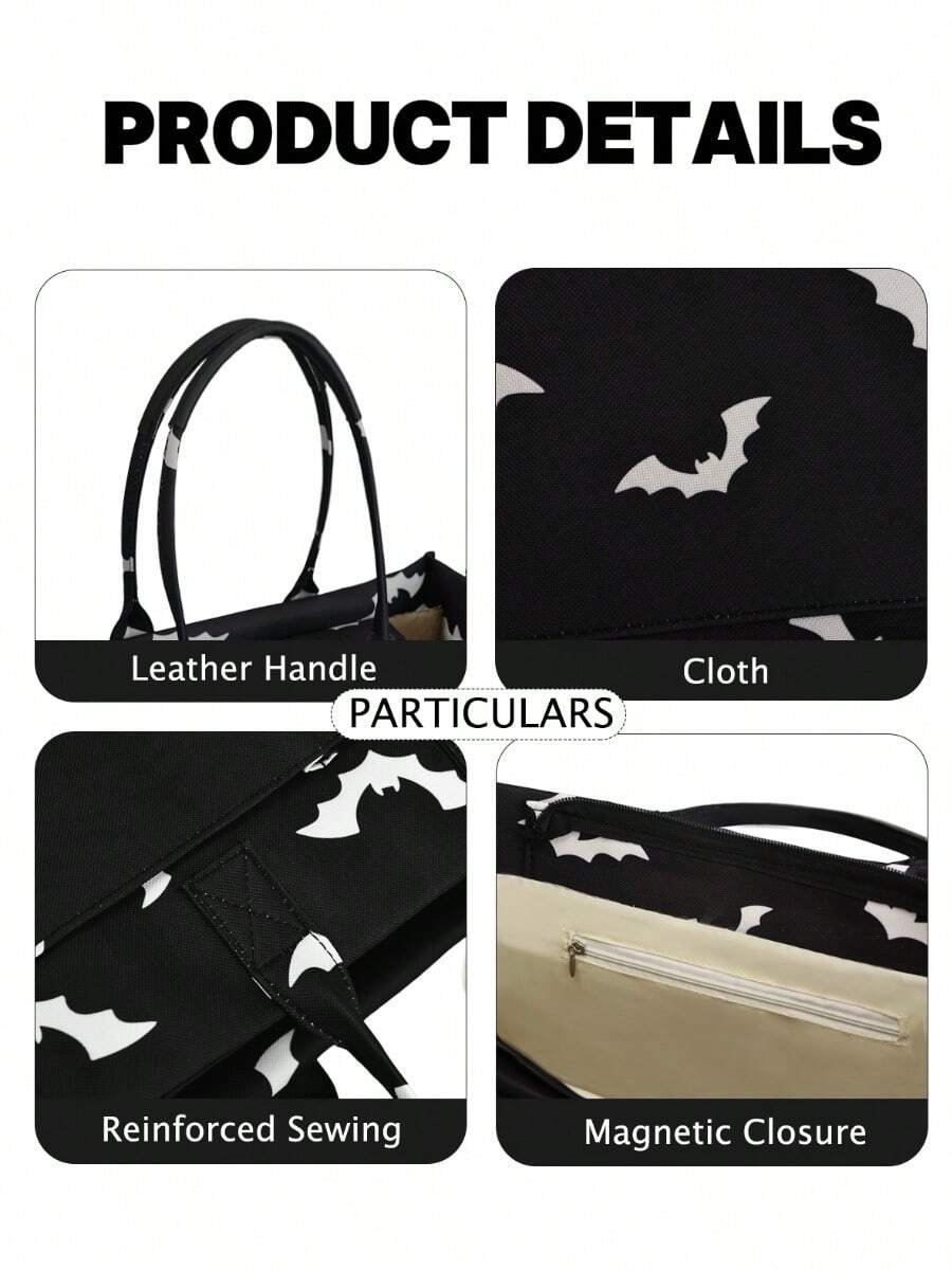 Black Goth Y2K Bat-Printed Tote Bag, Large Punk Women's Handbag, Unique Satchel Shoulder Bag, Multi-Pocket Design, Sturdy, Cool Girls' Fashion Accessory & Gift