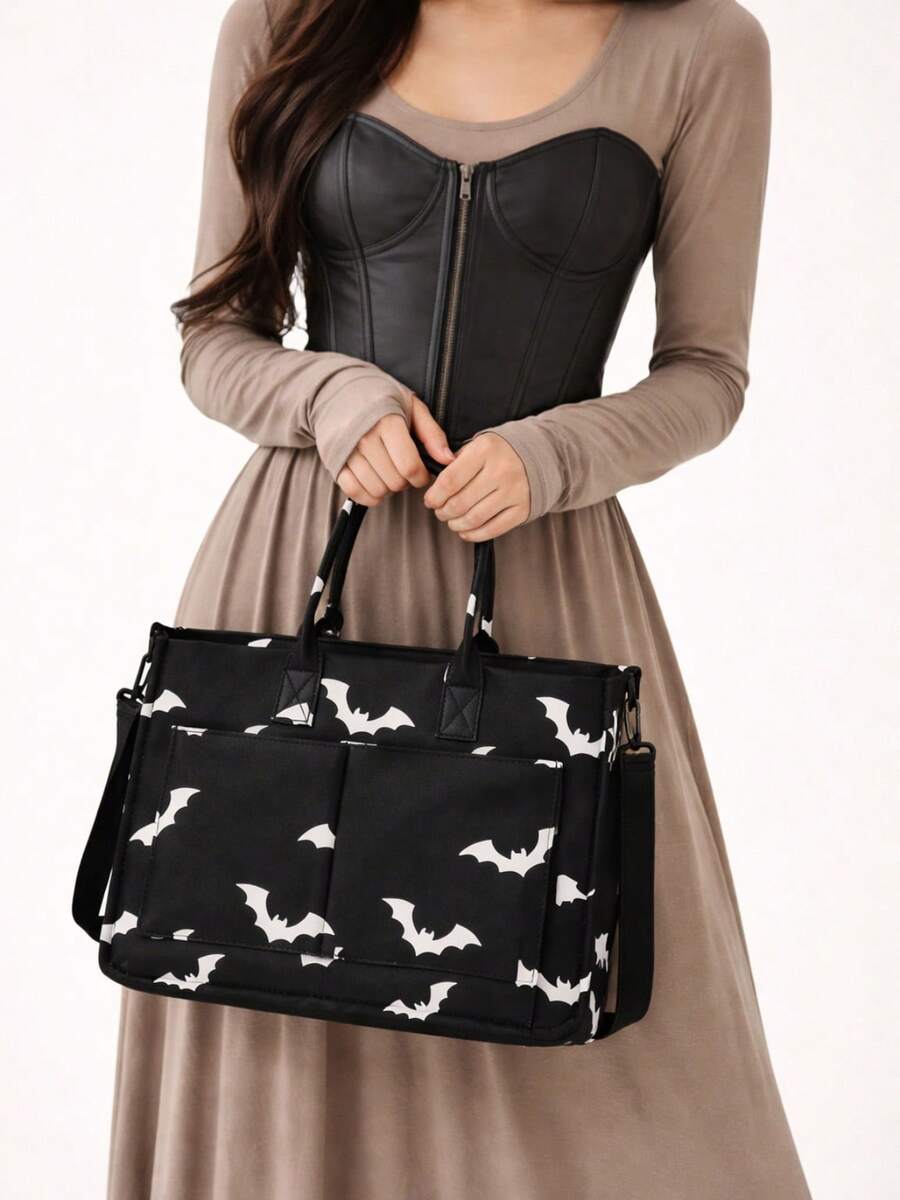 Black Goth Y2K Bat-Printed Tote Bag, Large Punk Women's Handbag, Unique Satchel Shoulder Bag, Multi-Pocket Design, Sturdy, Cool Girls' Fashion Accessory & Gift