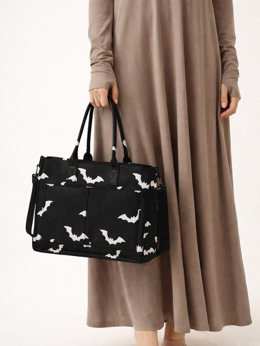 Black Goth Y2K Bat-Printed Tote Bag, Large Punk Women's Handbag, Unique Satchel Shoulder Bag, Multi-Pocket Design, Sturdy, Cool Girls' Fashion Accessory & Gift