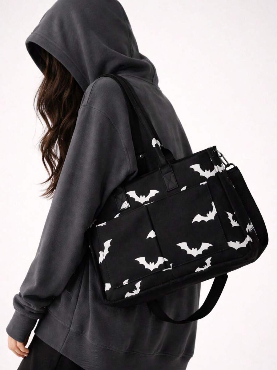 Black Goth Y2K Bat-Printed Tote Bag, Large Punk Women's Handbag, Unique Satchel Shoulder Bag, Multi-Pocket Design, Sturdy, Cool Girls' Fashion Accessory & Gift