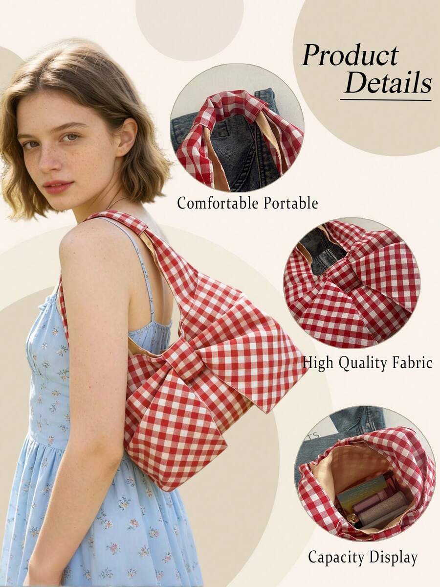 Butterfly-Knot Large-Capacity Checkered Tote Bag For Women Fashion Simple Versatile Shoulder Bag Checkered Canvas Underarm Bag For Travel Commuting