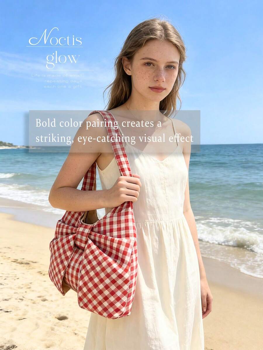 Butterfly-Knot Large-Capacity Checkered Tote Bag For Women Fashion Simple Versatile Shoulder Bag Checkered Canvas Underarm Bag For Travel Commuting