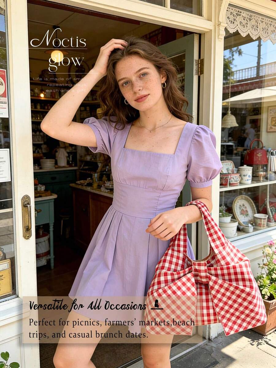 Butterfly-Knot Large-Capacity Checkered Tote Bag For Women Fashion Simple Versatile Shoulder Bag Checkered Canvas Underarm Bag For Travel Commuting