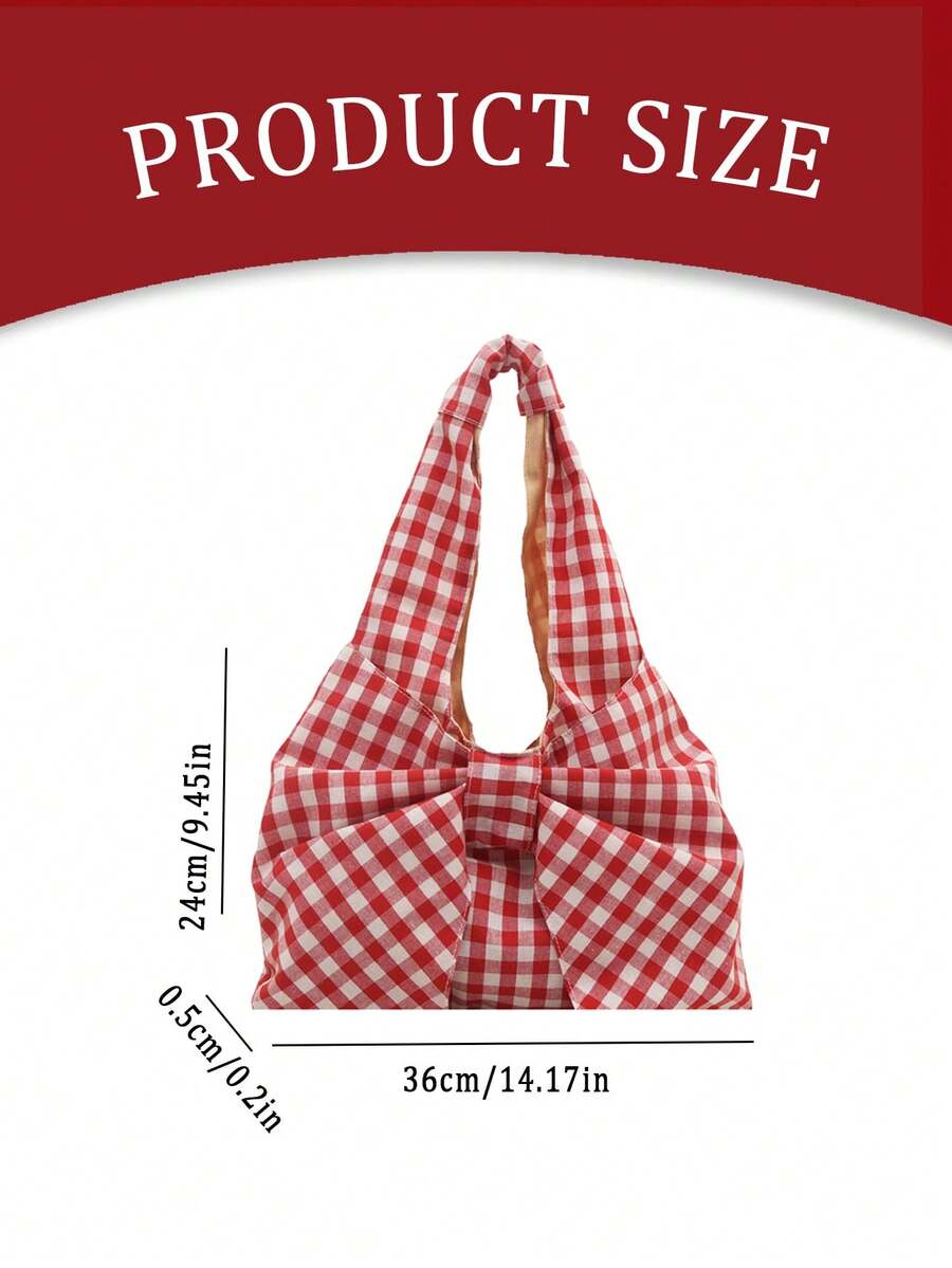 Butterfly-Knot Large-Capacity Checkered Tote Bag For Women Fashion Simple Versatile Shoulder Bag Checkered Canvas Underarm Bag For Travel Commuting