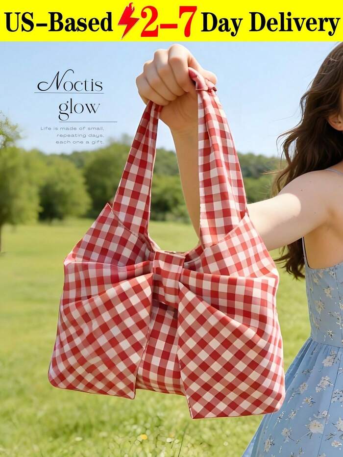 Butterfly-Knot Large-Capacity Checkered Tote Bag For Women Fashion Simple Versat