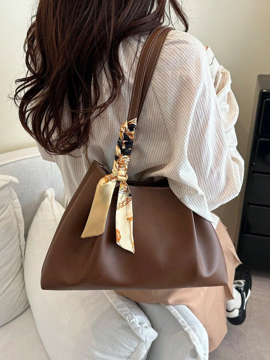EMERY ROSE 2026 Spring New Arrival High-End Fashion Pleated Large Capacity Tote Bag With Scarf, Luxury Versatile Shoulder Handbag