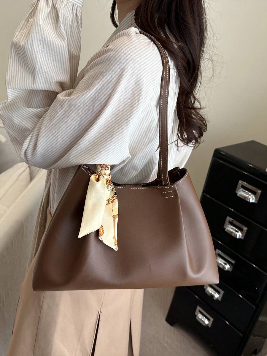 EMERY ROSE 2026 Spring New Arrival High-End Fashion Pleated Large Capacity Tote Bag With Scarf, Luxury Versatile Shoulder Handbag